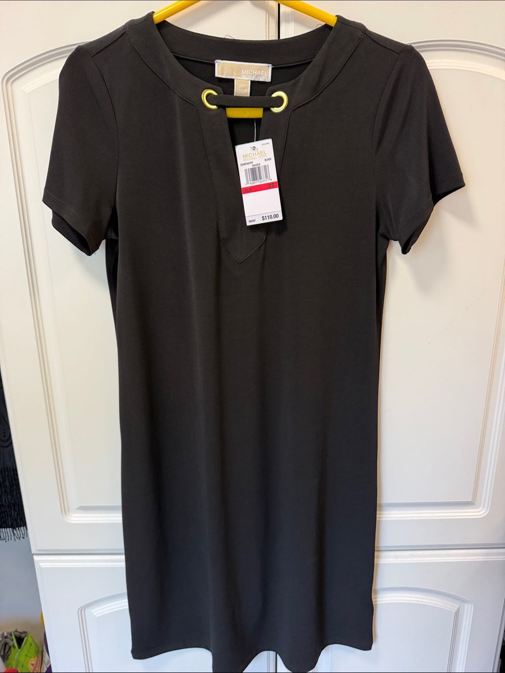 NWT XS Michael Michael Kors Black Short-Sleeve dress with Gold Grommet accent